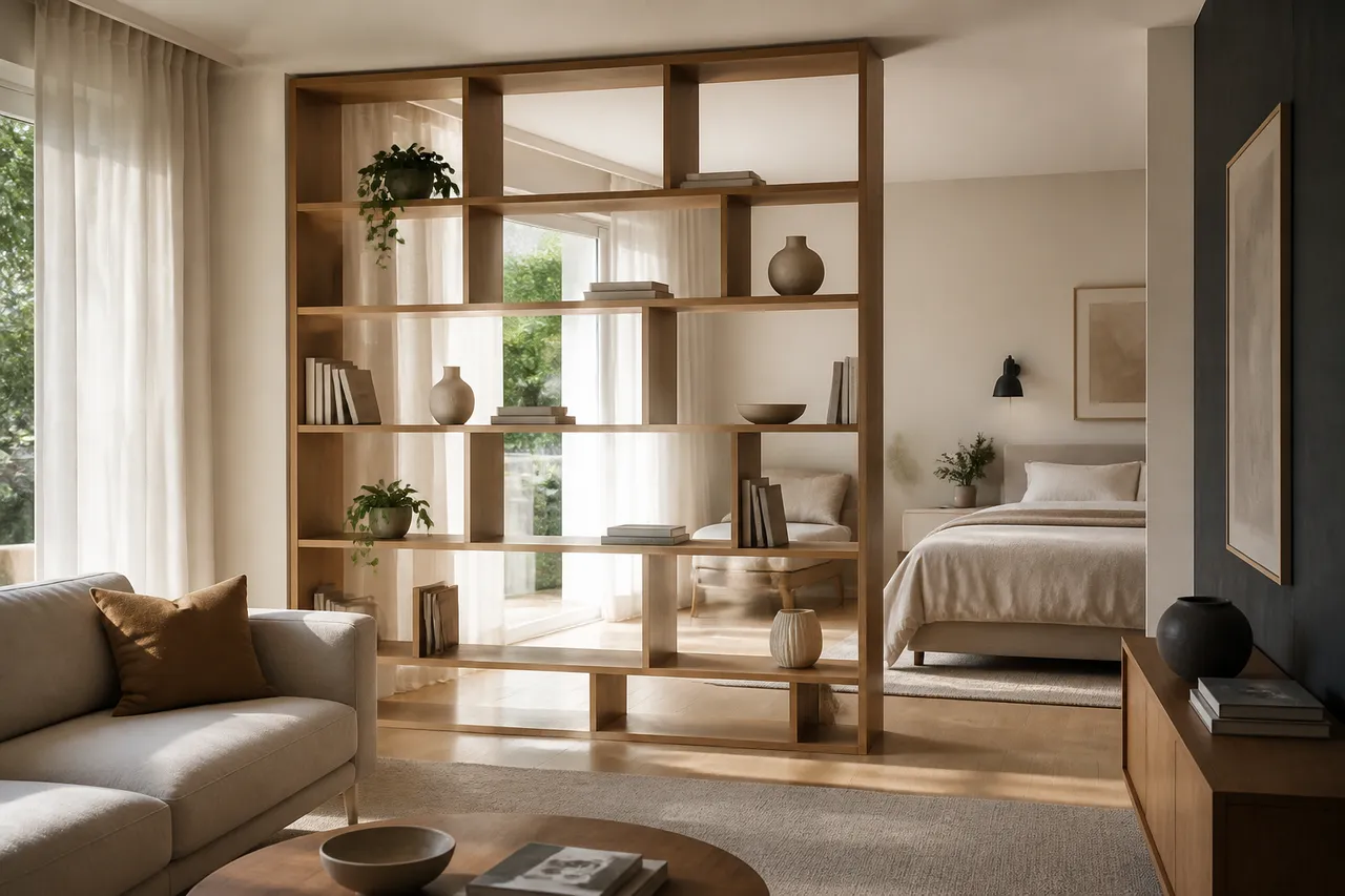 bibliotecă pentru separarea livingului de dormitor