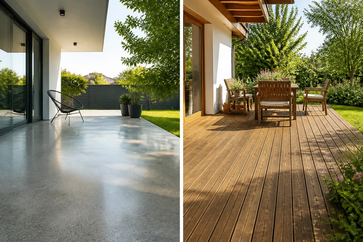 comparatie beton lemn terasa exterior