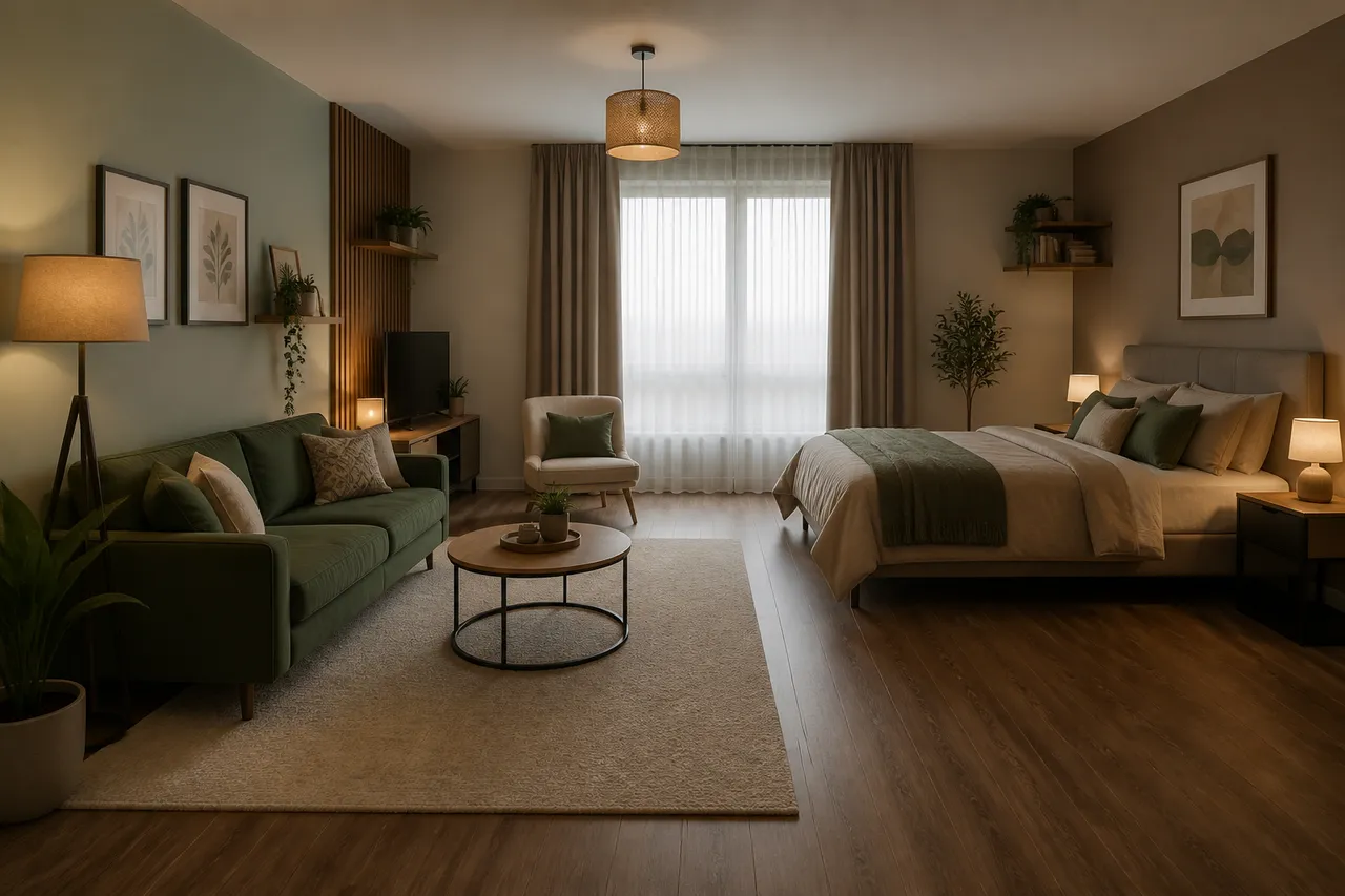 delimitare prin culori și covoare în apartament cu două camere
