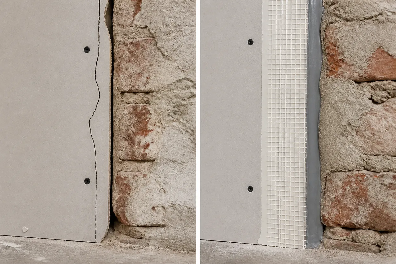 fisuri la îmbinarea gips-cartonului cu zidăria