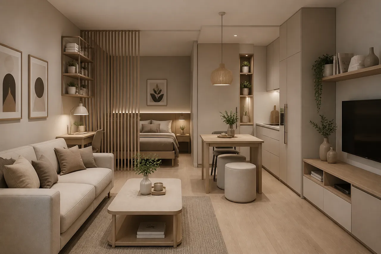 living și dormitor armonizate într-un apartament de două camere