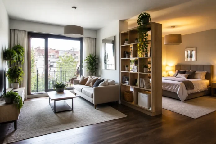 Livingul și dormitorul separate vizual într-un apartament de două camere