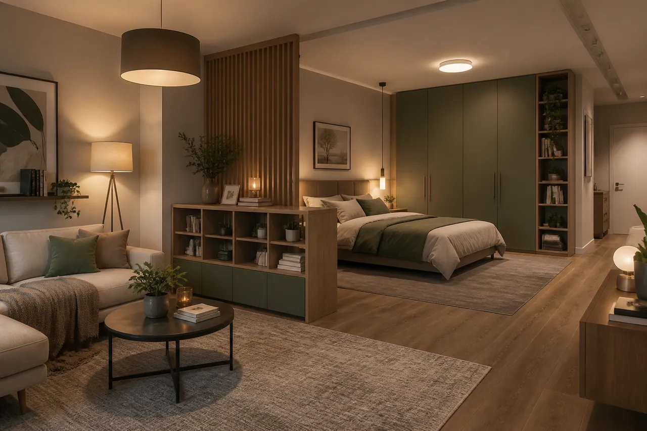 separare vizuală living dormitor într-un apartament mic