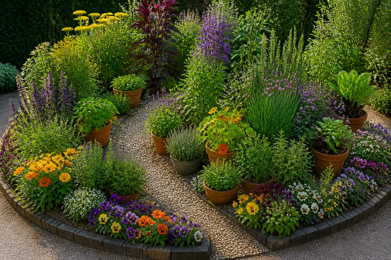 amenajare curte mică cu flori comestibile și plante decorative