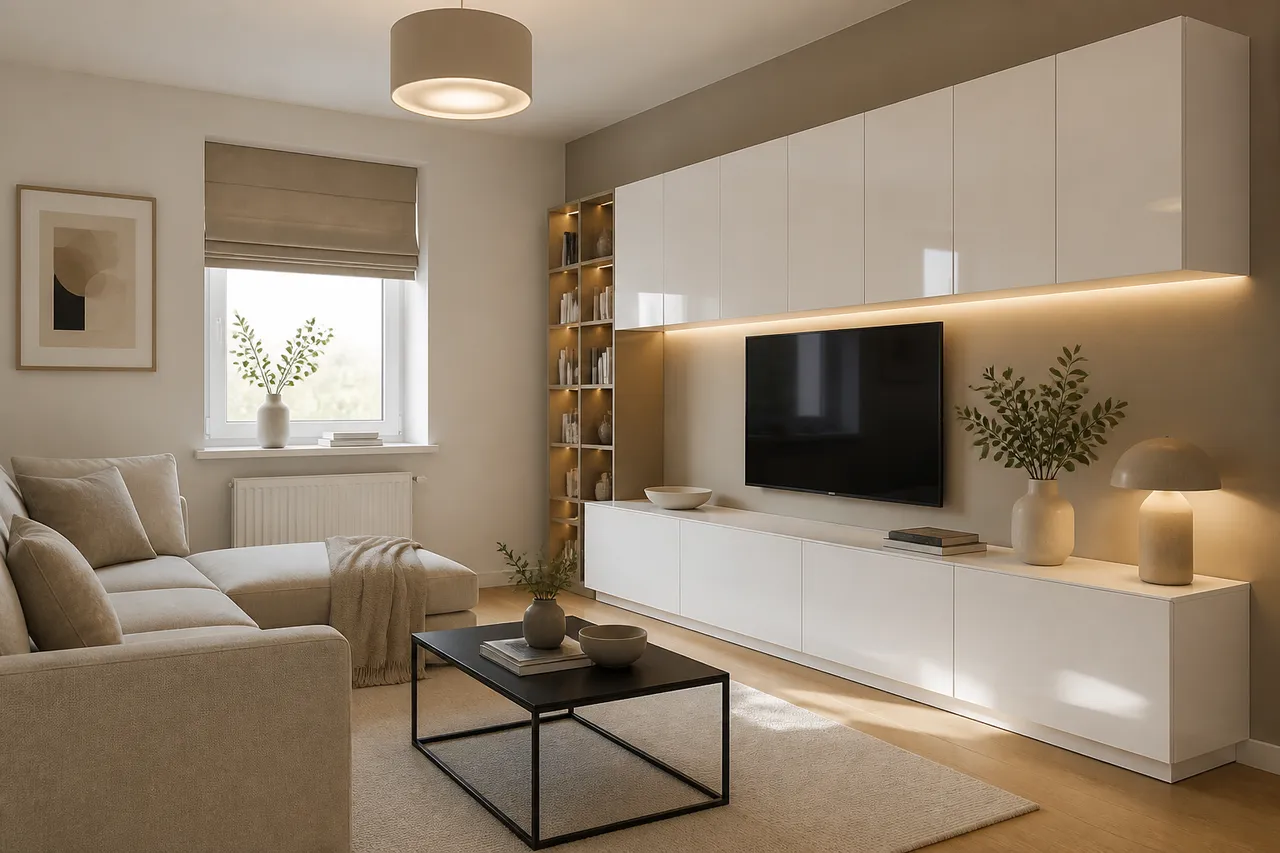 mobila de living lucioasa intr-un apartament cu lumina putina