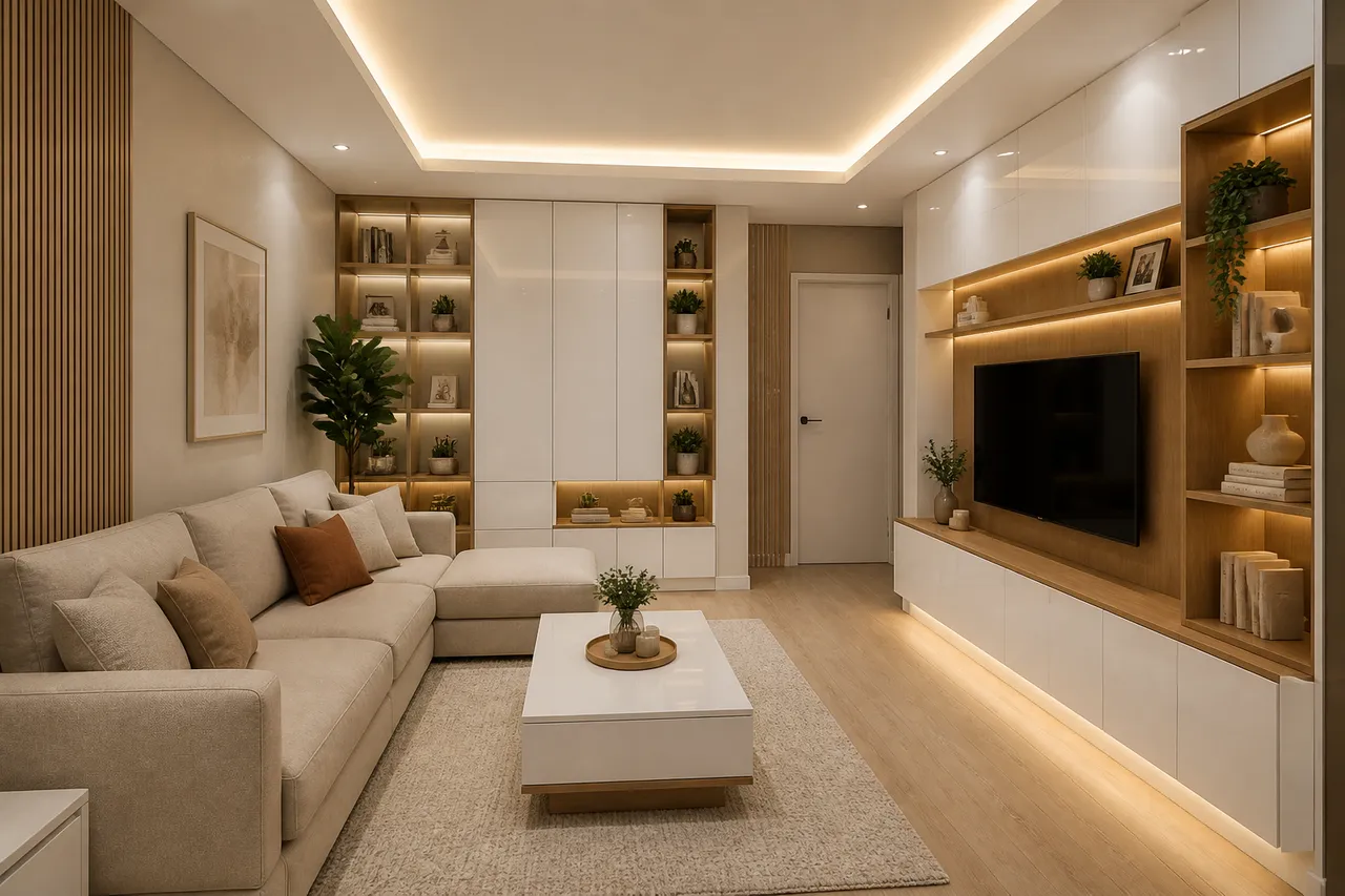 mobilier lucios alb pentru living mic si intunecat