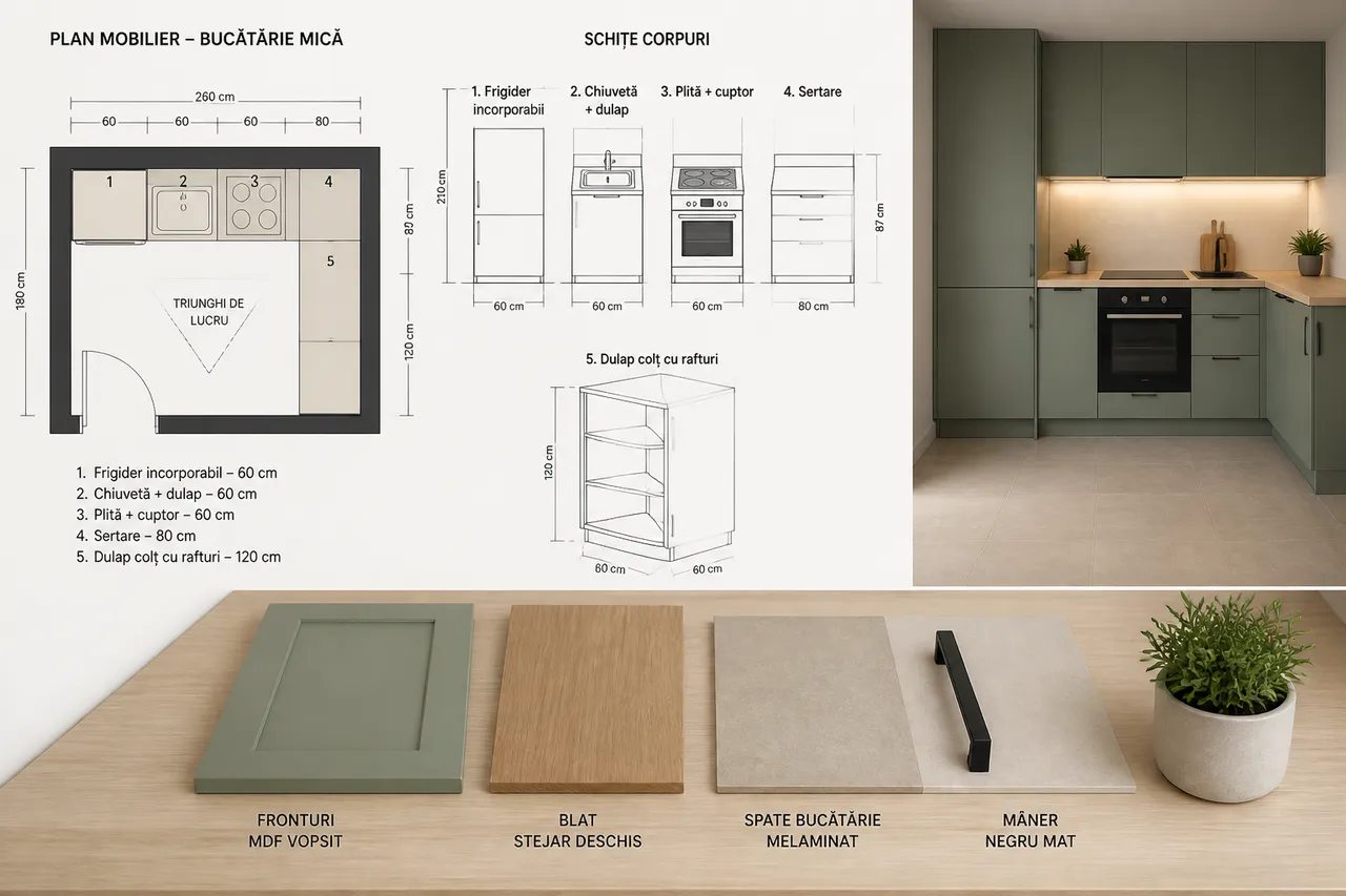 planificare mobilier bucătărie mică cu depozitare verticală