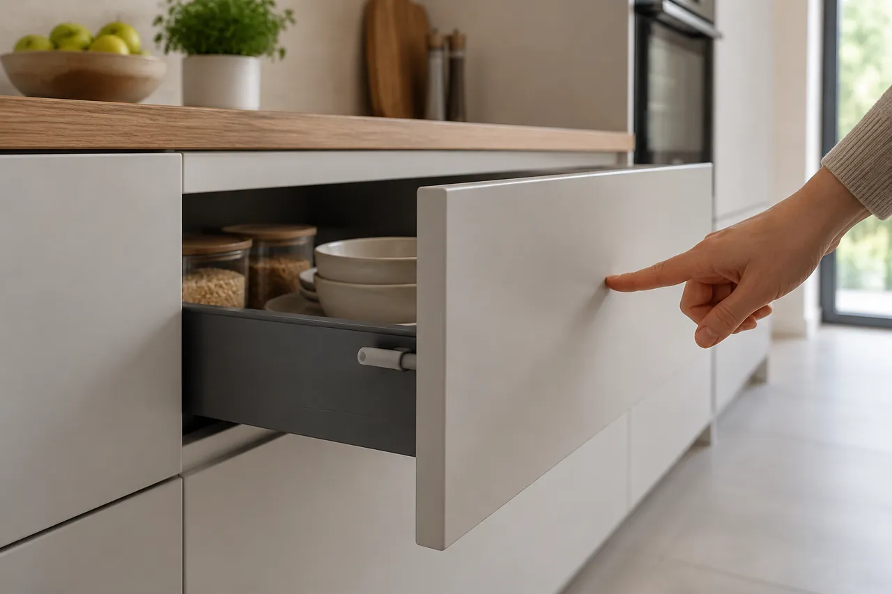 sistem push-to-open pentru corpuri de bucătărie fără mânere